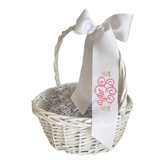 Easter Basket Ribbon, White Grosgrain with 2 Bunnies, Pink Patricia Monogram