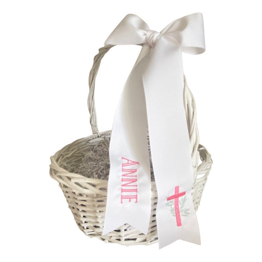 Easter Basket Ribbon, White Grosgrain with Pink Cross, Henry Font