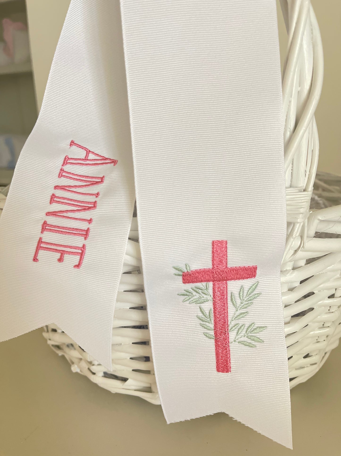 Easter Basket Ribbon, White Grosgrain with Pink Cross, Henry Font