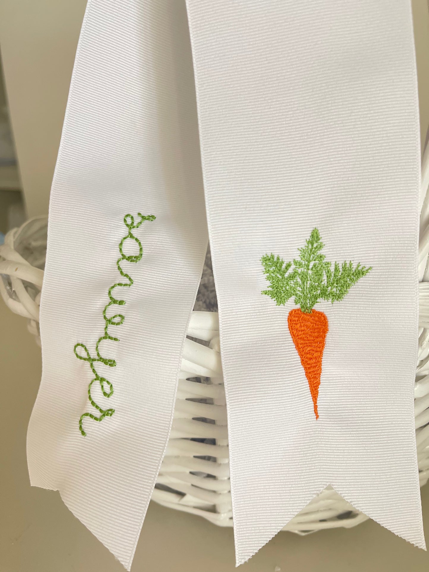 Easter Basket Ribbon, White Grosgrain with Carrot, Babydoll Font