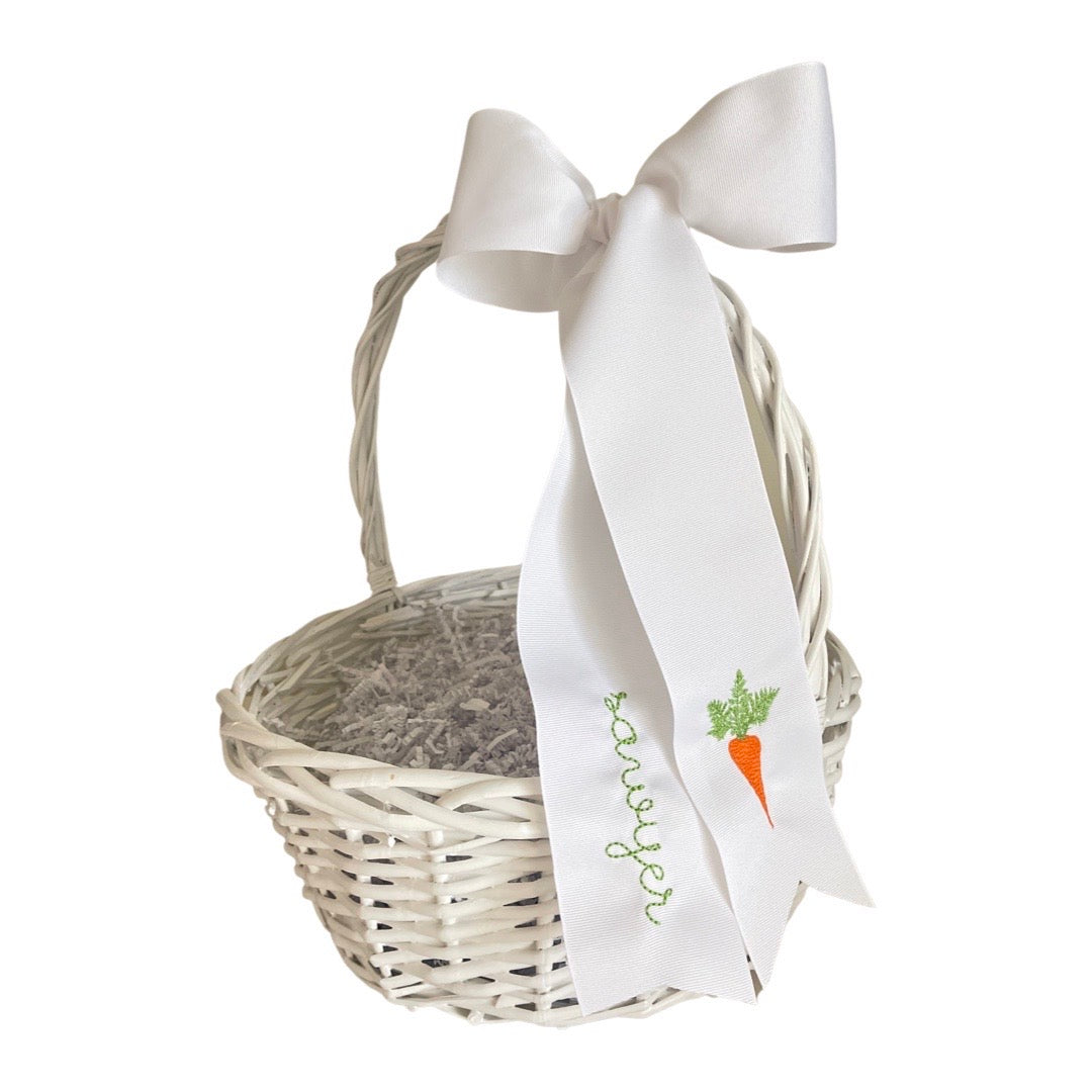 Easter Basket Ribbon, White Grosgrain with Carrot, Babydoll Font