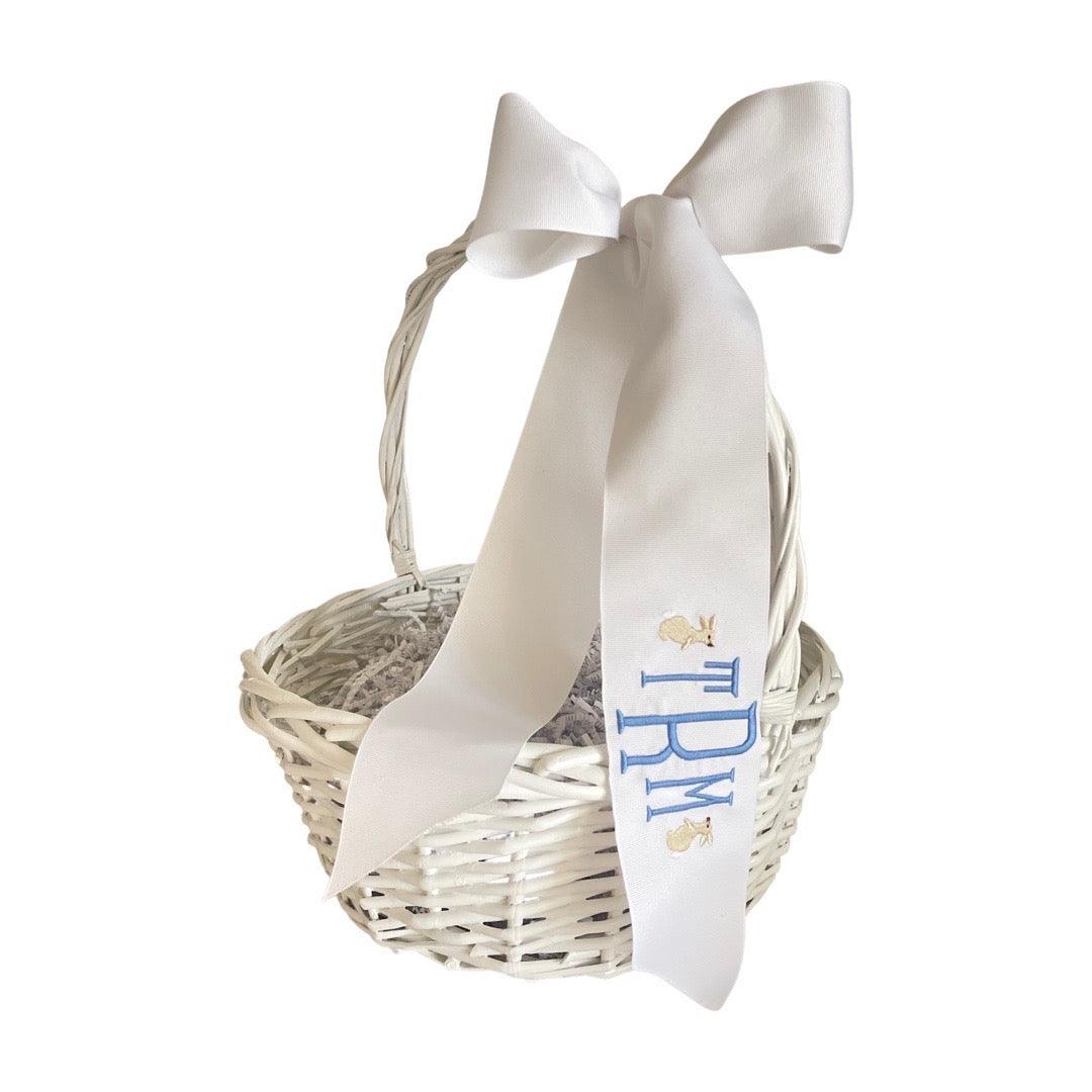 Easter Basket Ribbon, White Grosgrain with 2 Bunnies, Blue Washington Monogram