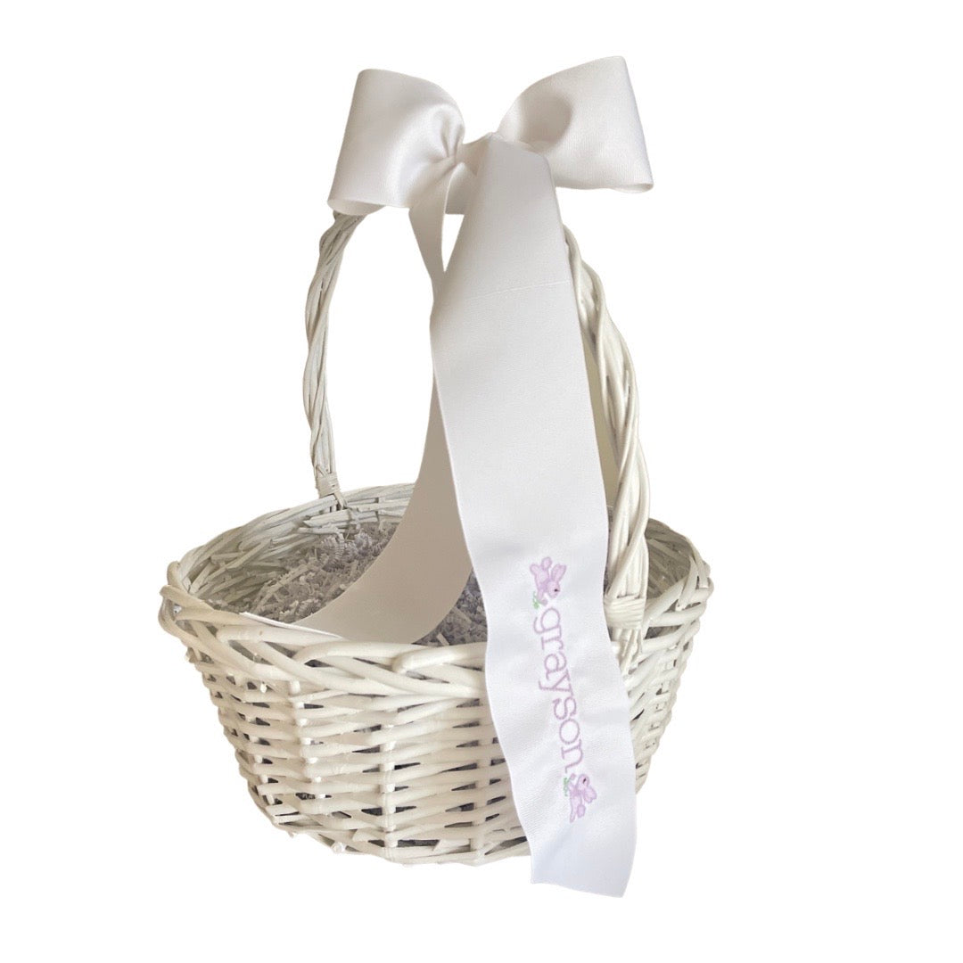 Easter Basket Ribbon, White Grosgrain with 2 Bunnies & Name in Purple