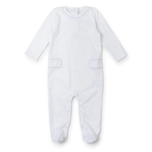 Preston Footed Romper White with Light Blue