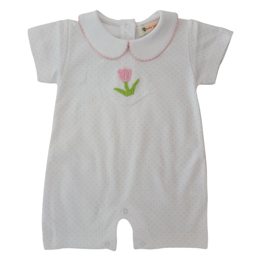 Girl's Short Sleeve Collared Pink Dot Crochet Tulip Romper