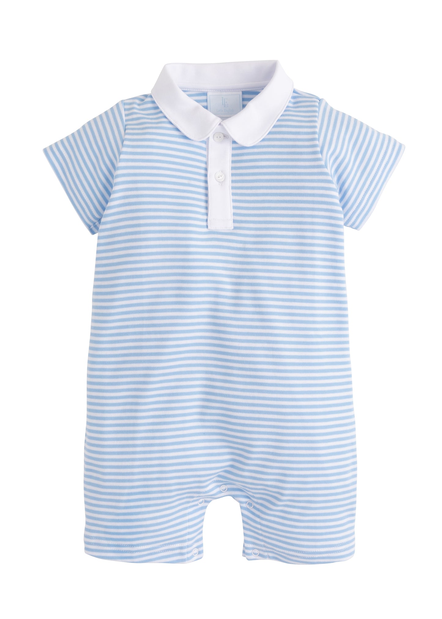 Peter Pan Polo Short Romper, Light Blue Stripe