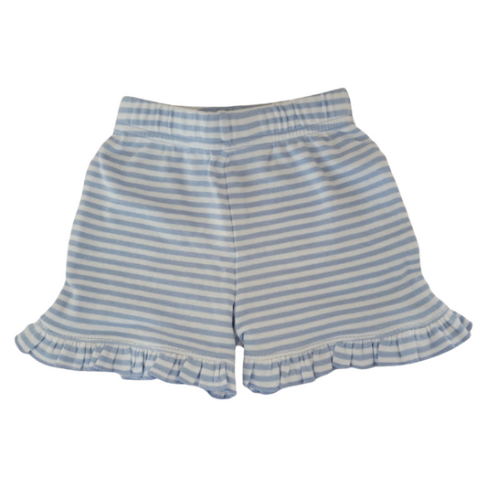 Girl Cotton Play Shorts, Sky Blue Thin Stripe with Ruffle