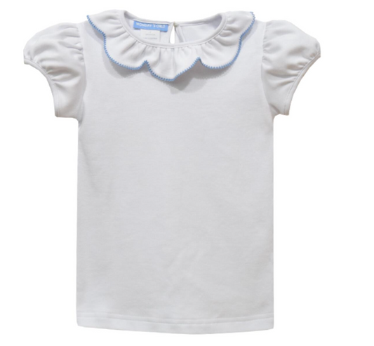 Short Sleeve Knit Top with Ruffle Neckline in Blue Trim