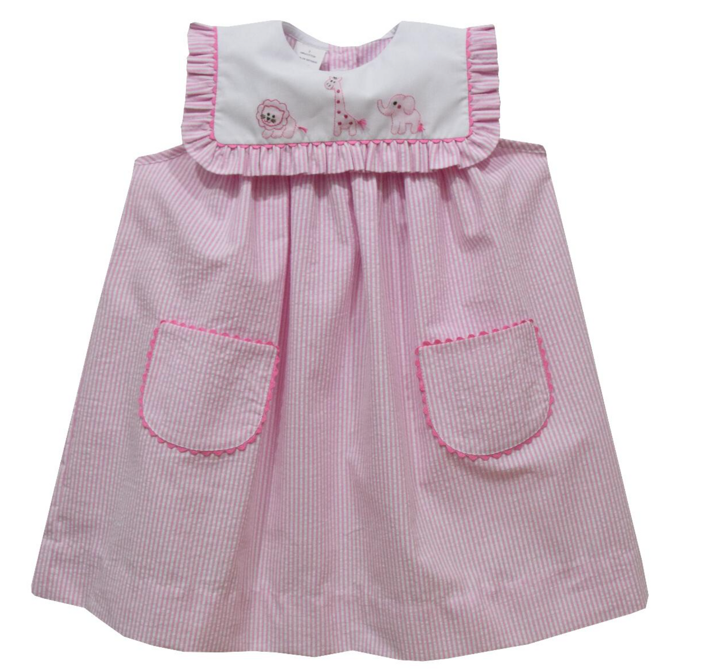 Zoo Babies Shadow Stitched Pink Seersucker Float Dress