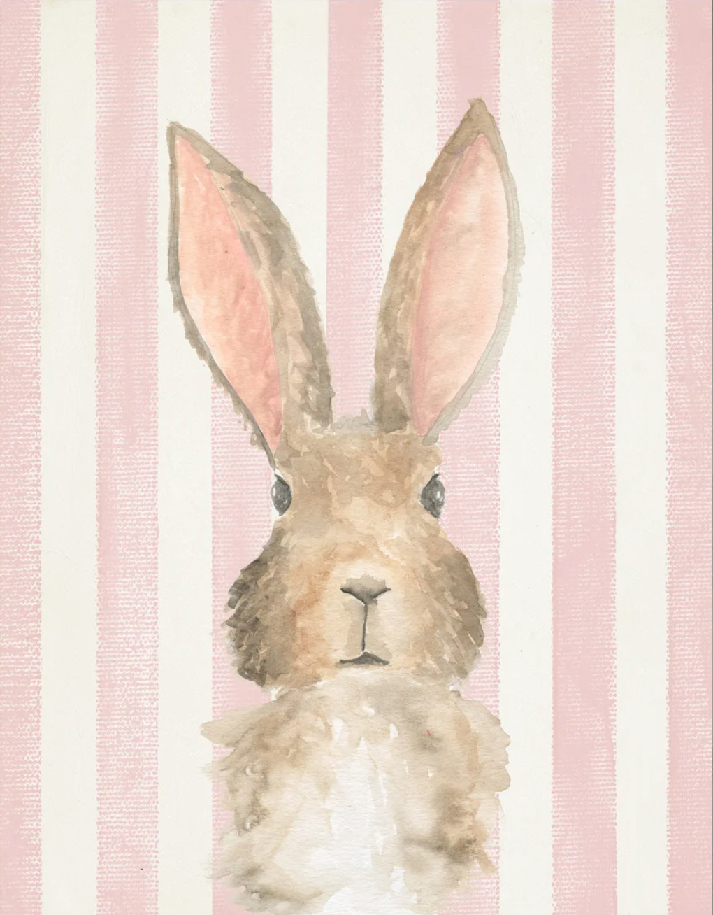 Framed Art, Watercolor Baby Bunny on Pink Stripe