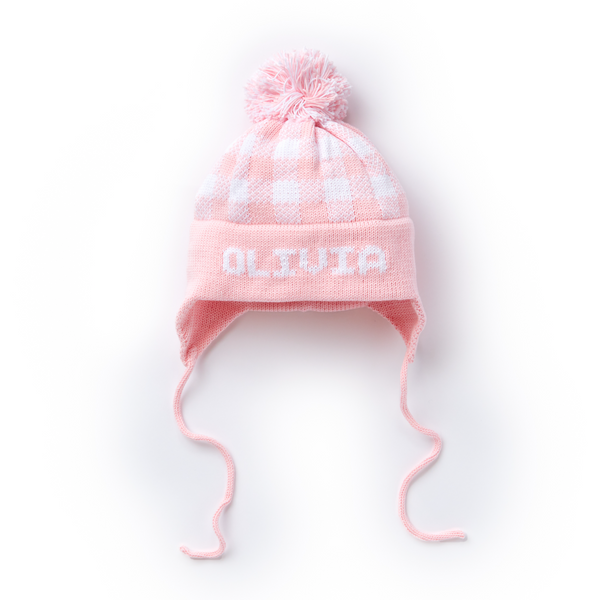 MJK Knits Plaid Name Earflap Hat Pink/White / Infant