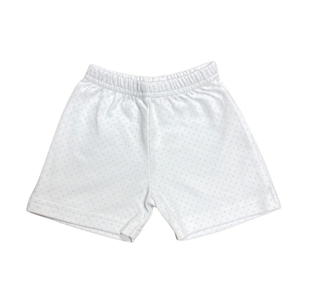Boy Cotton Play Shorts, White with Baby Blue Dot
