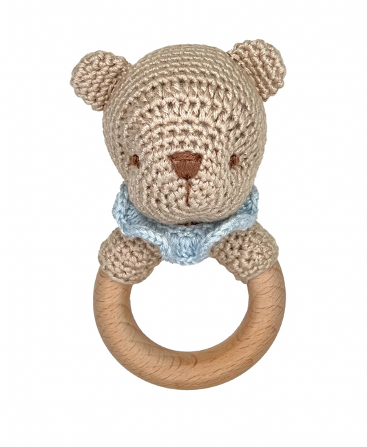 Crochet Woodring Rattle, Blue Bear