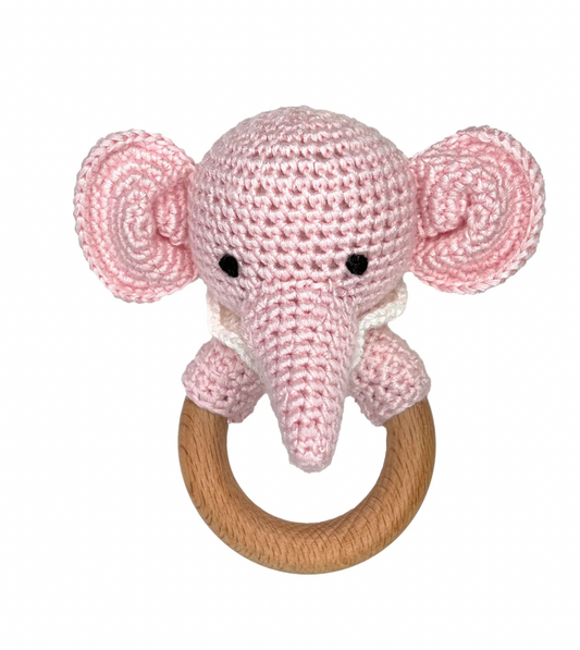 Crochet Woodring Rattle, Pink Elephant