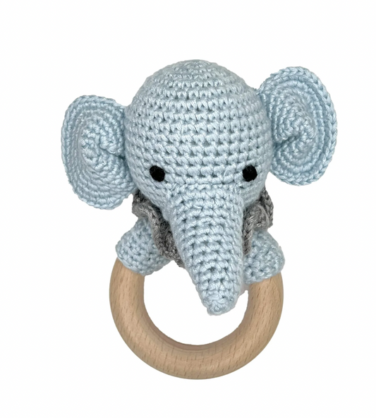 Crochet Woodring Rattle, Blue Elephant