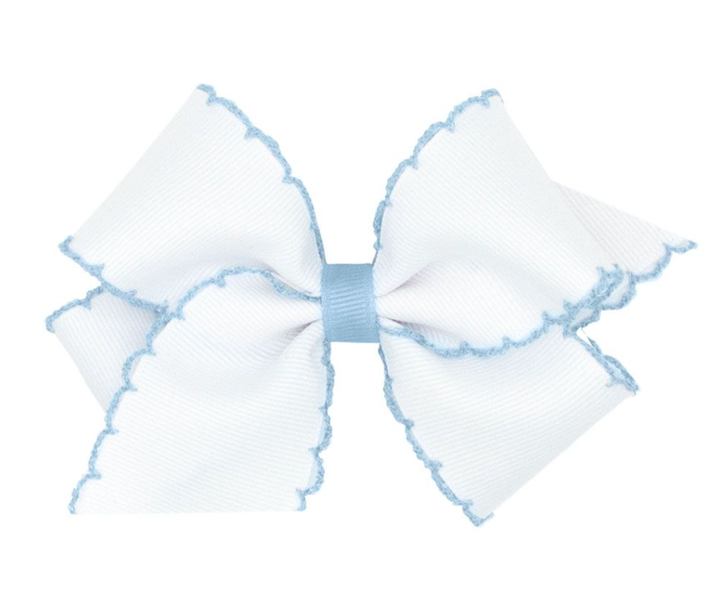 Mini Moonstitch Hair Bow, White with Millenium Blue