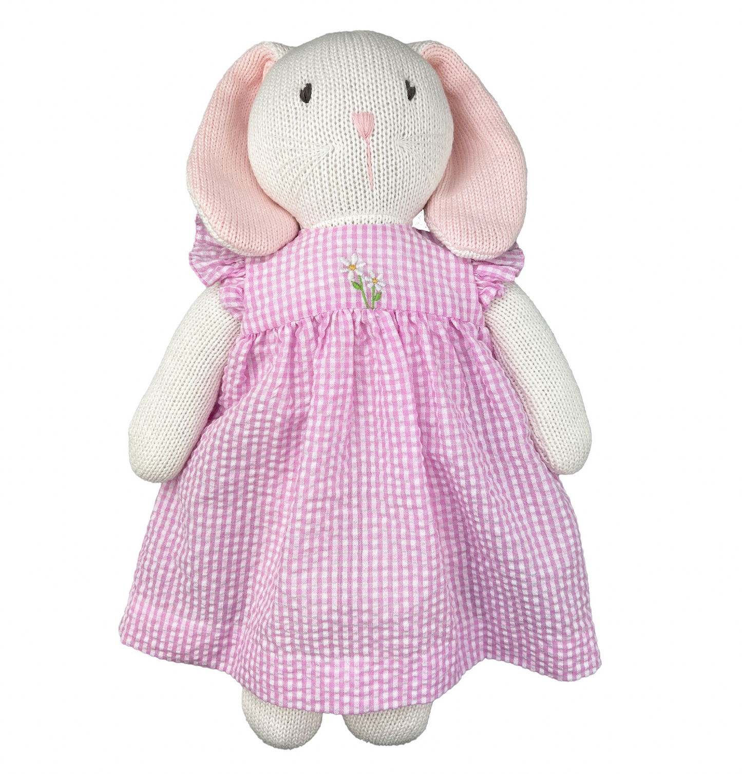 Hand-Knit Bunny Girl, Pink Gingham Flutter Sleeve Dress