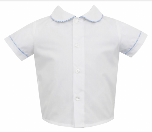 Boy's Short Sleeve Woven Button Up Collared Shirt, White with Blue Gingham Trim