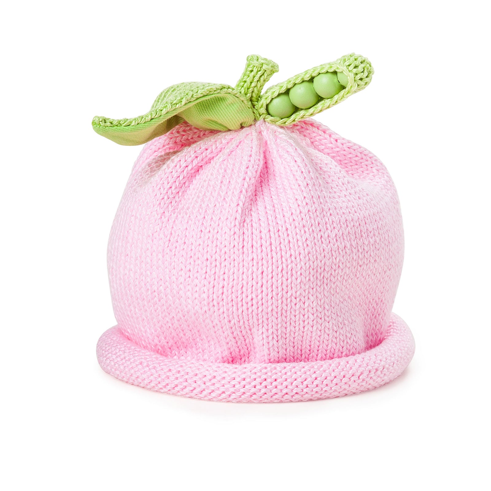 A pink hand knit hat for newborns with a green decorative detail resembling a pea pod on top.