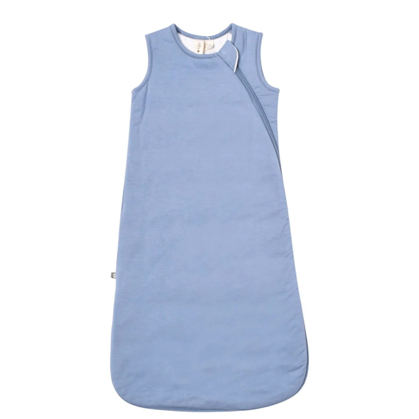 A blue infant sleep sack made from bamboo fabric, displayed on a white background.