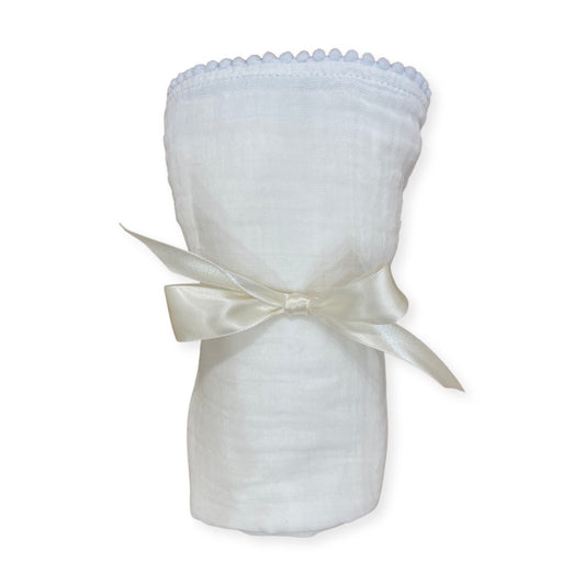 Muslin Swaddle, White with Light Blue
