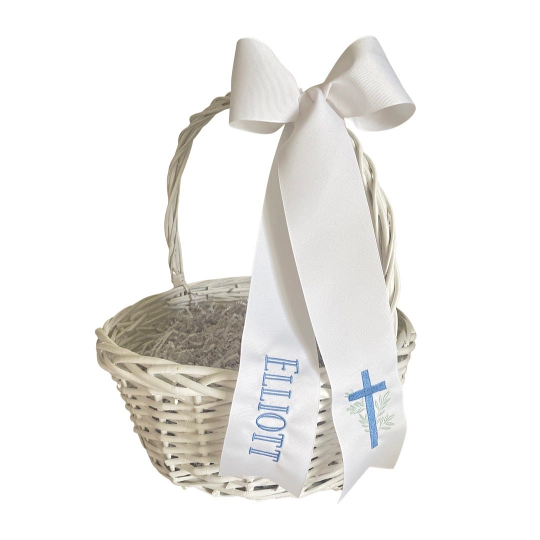 Easter Basket Ribbon, White Grosgrain with Blue Cross, Henry Font