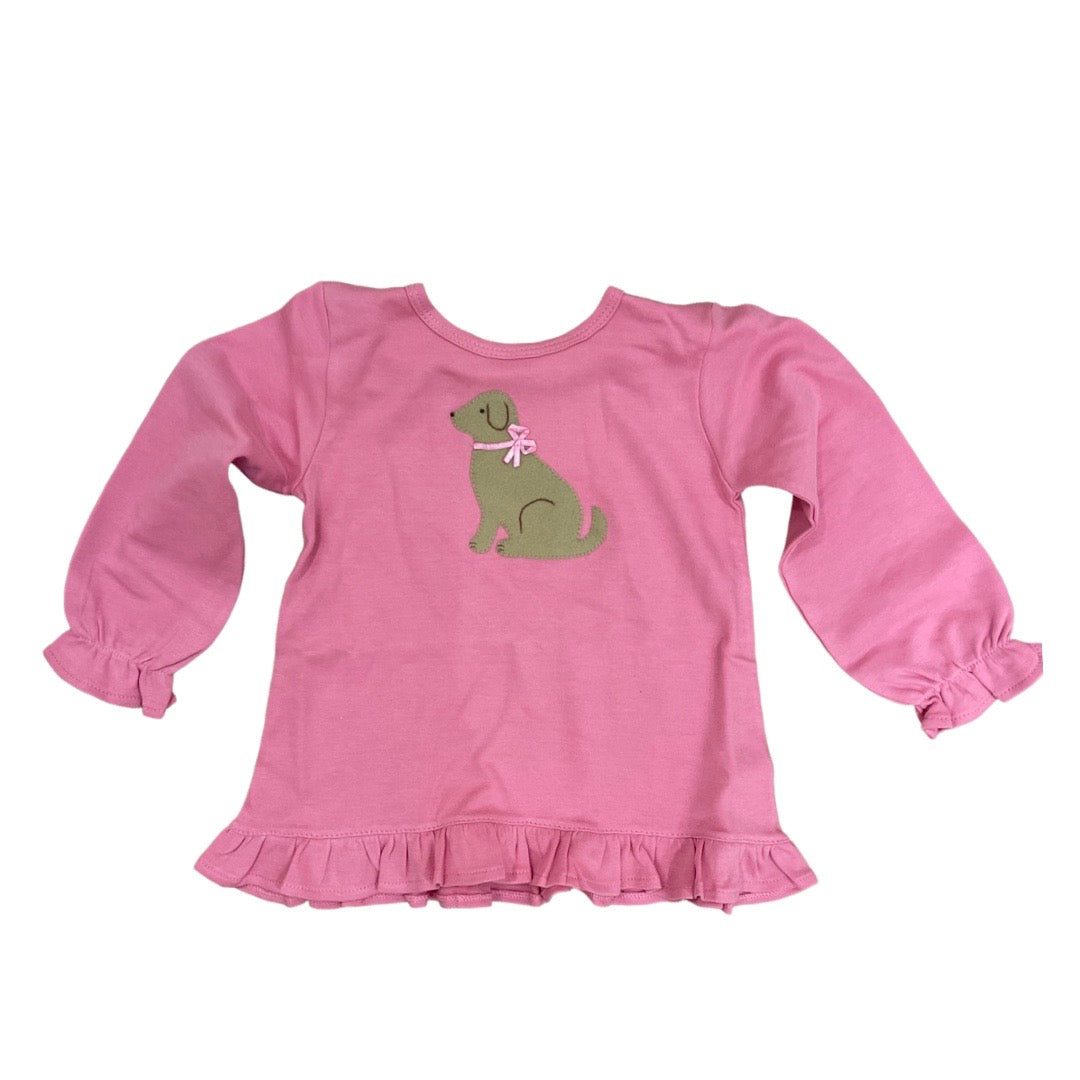 Girls Pink Long Sleeve Puppy T-Shirt with Ruffle
