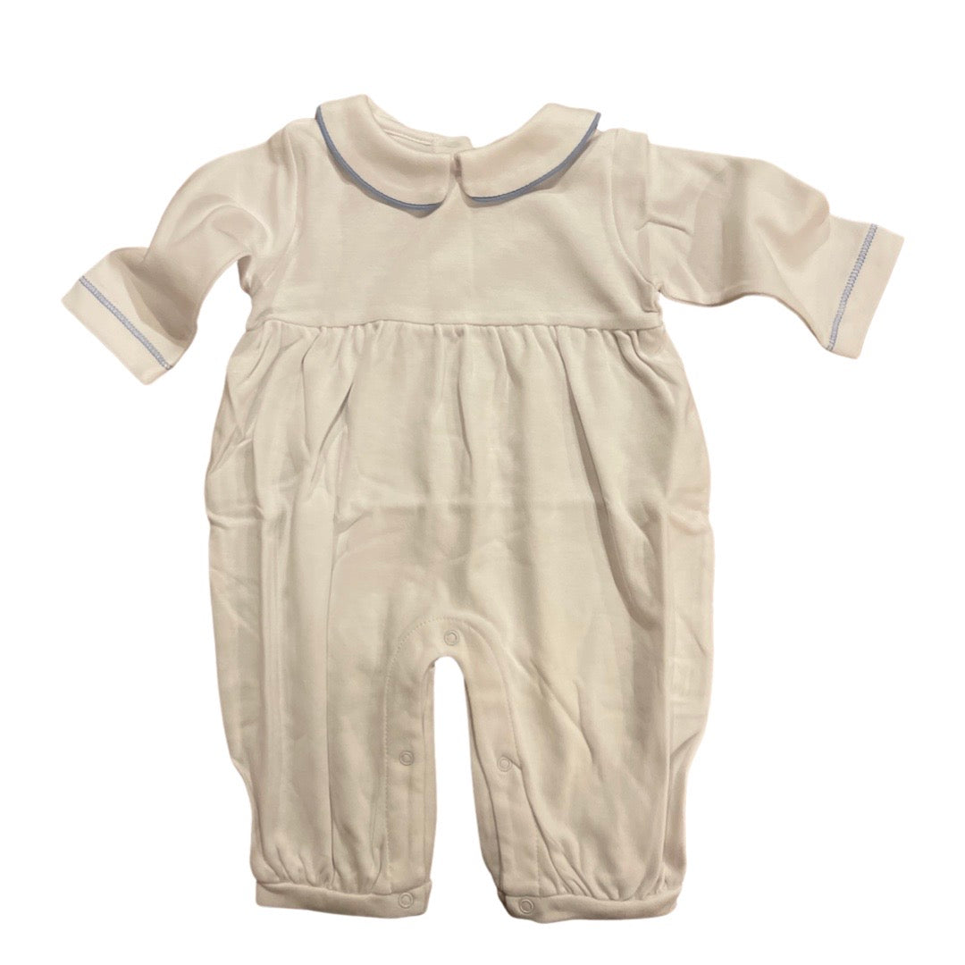 Boy's Long Sleeve Collared Playsuit, White with Blue Piping