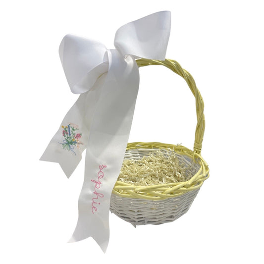 Easter Basket Ribbon, White Grosgrain with Flower Bouquet, Babydoll Font