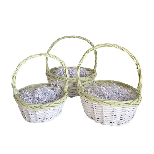 Round Easter Basket, White with Green, Small Size