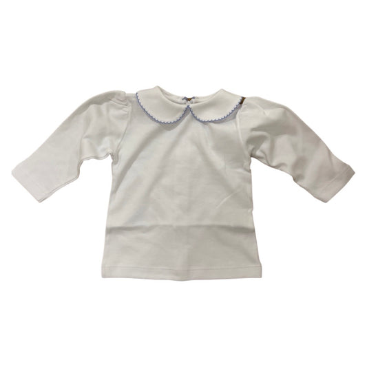 Girl's Puffed Shoulder Long Sleeve Knit Peter Pan Shirt, White/Sky Blue