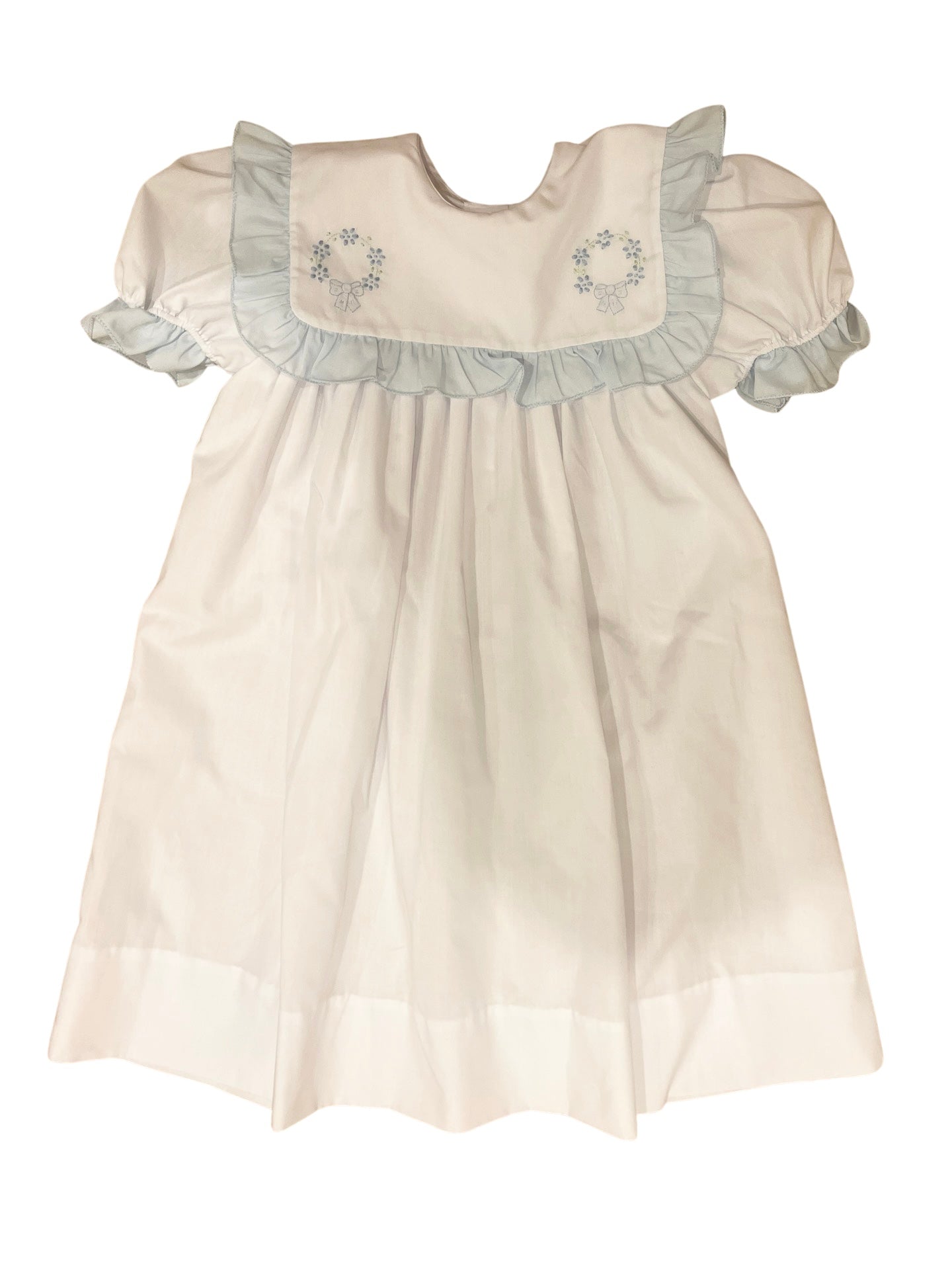 Short Sleeve Dress, Ruffle Bib with Embroidered Flowers