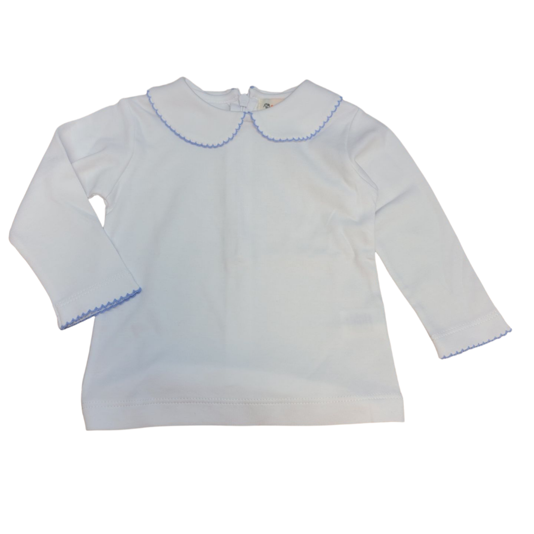 Girl's Long Sleeve Knit Peter Pan Shirt, White/Sky Blue