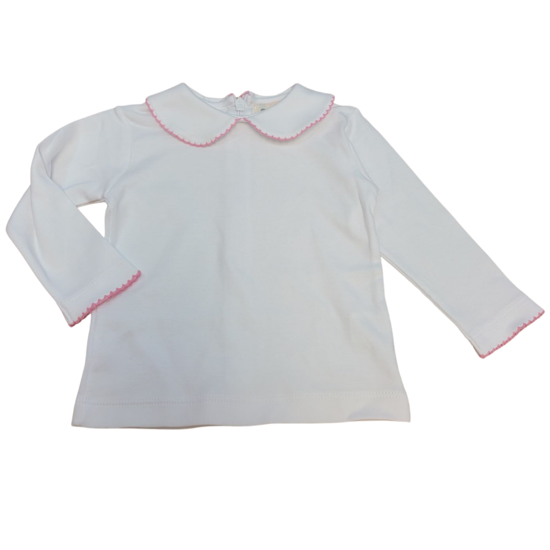 Girl's Long Sleeve Knit Peter Pan Shirt, White/Light Pink