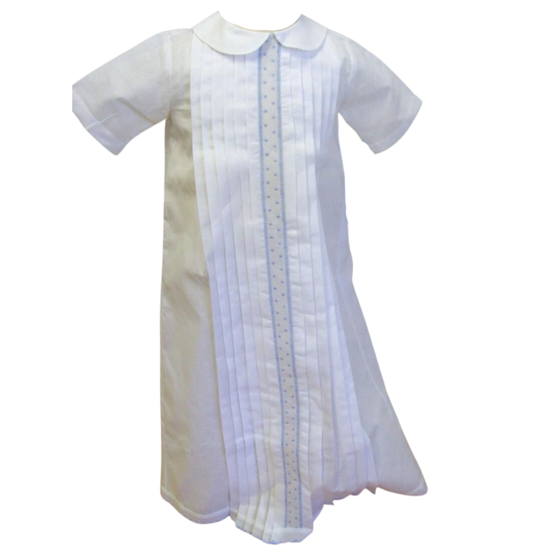 Pleated Batiste Boy Day Gown with Blue Trim