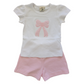 Short Sleeve White with Pink Stripe Bow Applique Short Set