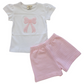Short Sleeve White with Pink Stripe Bow Applique Short Set