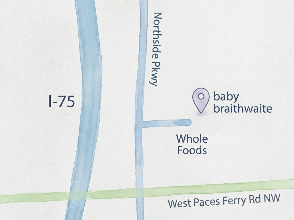 Illustrated map showing Baby Braithwaite on Northside Parkway, near Whole Foods, between I-75 and West Paces Ferry Road